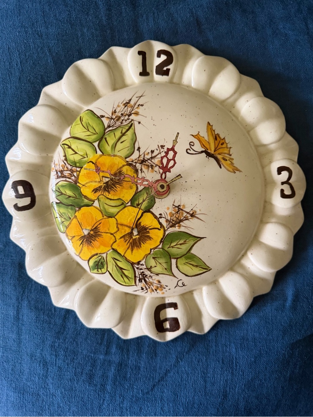 MCM Artist Signed Ceramic Sunflower Shaped Wall Clock With Pansies, Butterfly